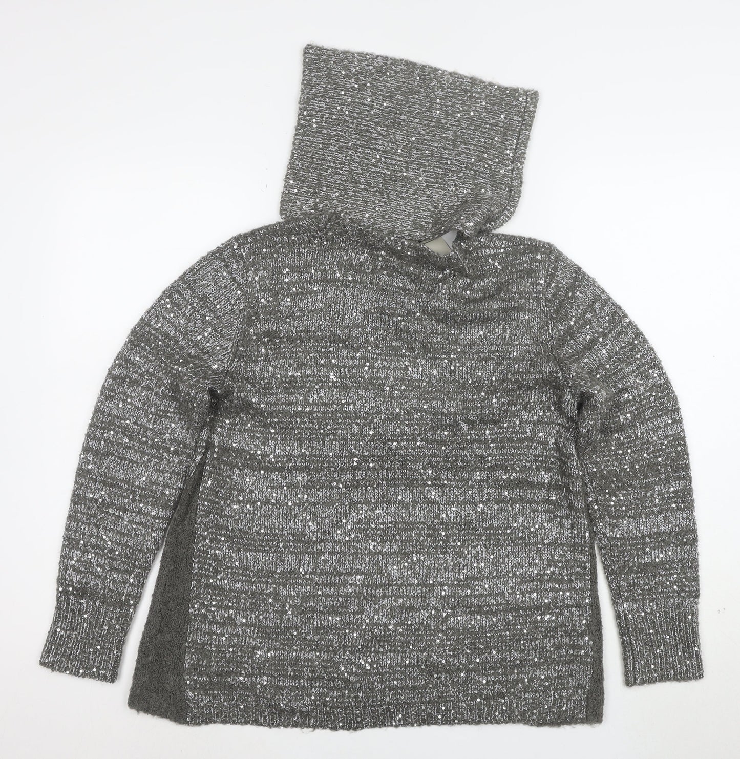 Next Women’s Grey Sequin Wool Blend Hooded Cowl Neck Jumper Size 10