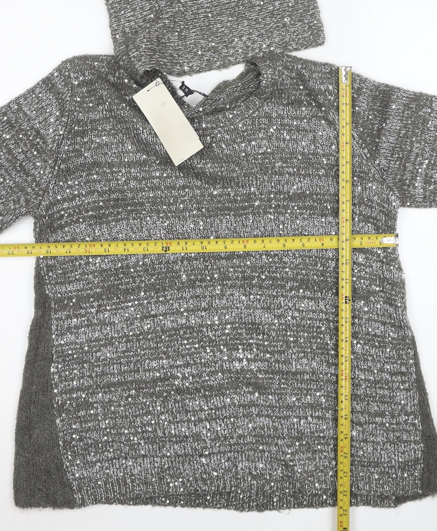 Next Women’s Grey Sequin Wool Blend Hooded Cowl Neck Jumper Size 10
