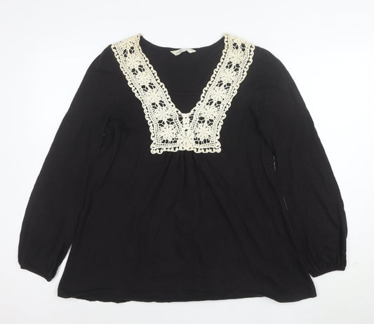BHS Womens Black Crochet V-Neck Long Sleeve Cotton Tunic Blouse Size 16