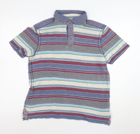 Marks and Spencer Men's Multicoloured Striped Cotton Polo Shirt Size L
