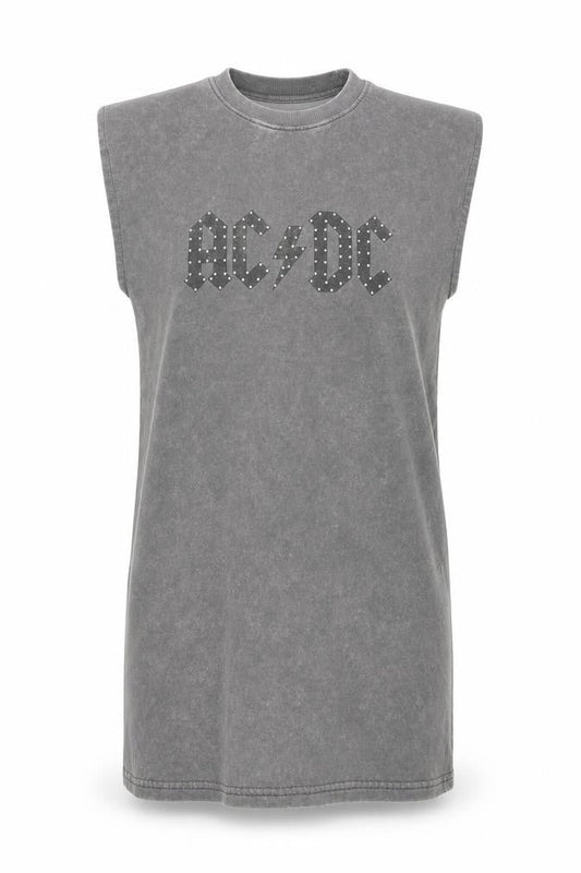 AC/DC Womens Grey Sleeveless T-Shirt Dress S Rock Studded Cotton