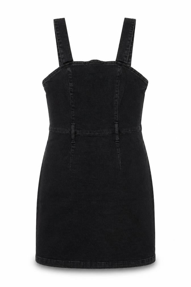 Front view of Denim & Co. Women Black, size 12, Pinafore Denim Dress