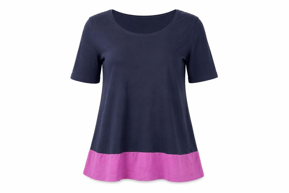 Front view of COS Women Navy Blue & Pink Colourblock Cotton T-Shirt, size S