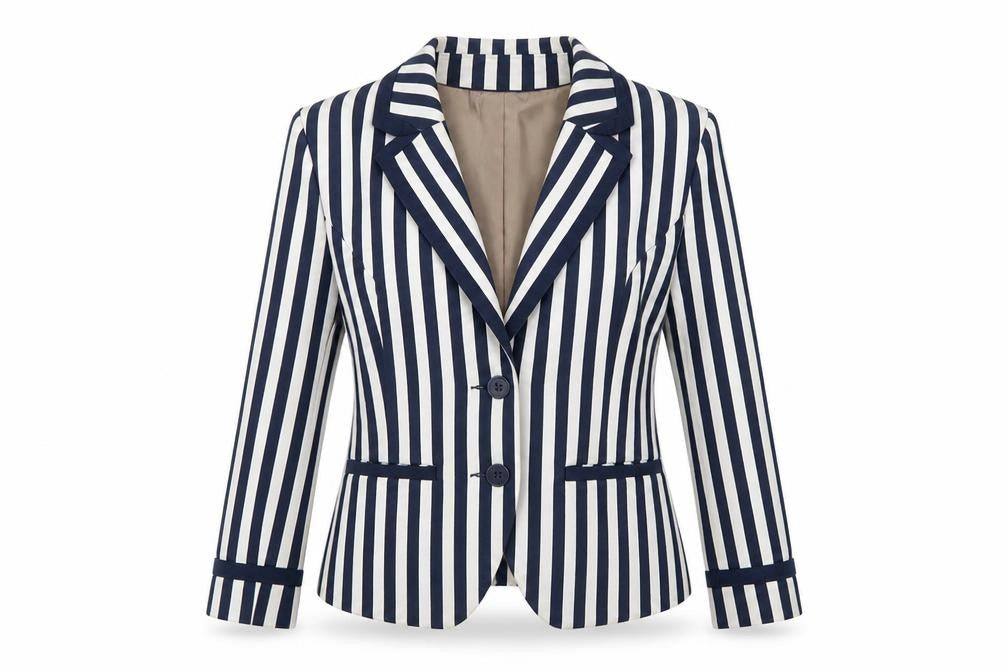 H&M Women Blue White Striped Suit Jacket Size 12 Classic Blazer