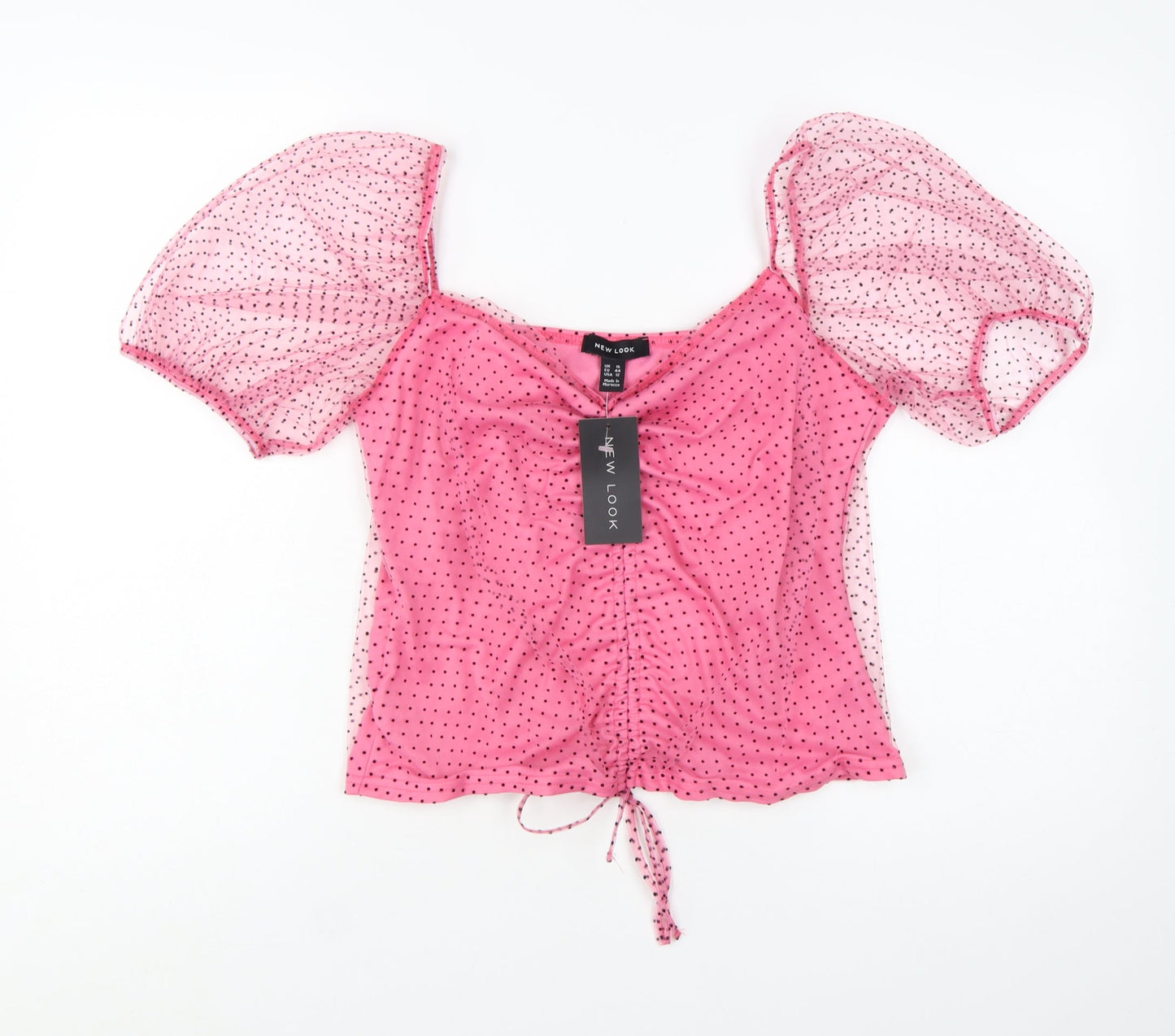 New Look Women’s Pink Polka Dot Mesh Puff Sleeve Cropped Blouse UK 16