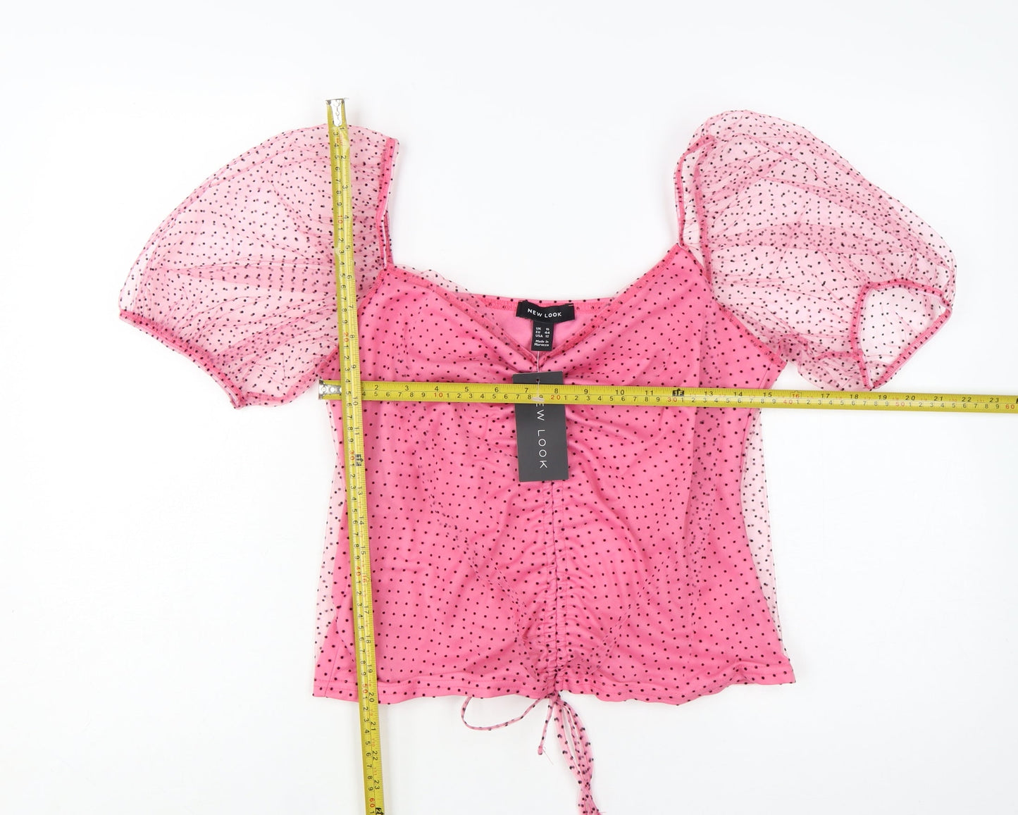 New Look Women’s Pink Polka Dot Mesh Puff Sleeve Cropped Blouse UK 16