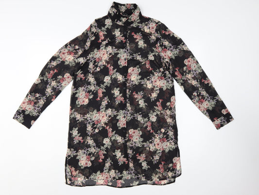 New Look Womens Black Floral Long Sleeve Tunic Blouse Size 10