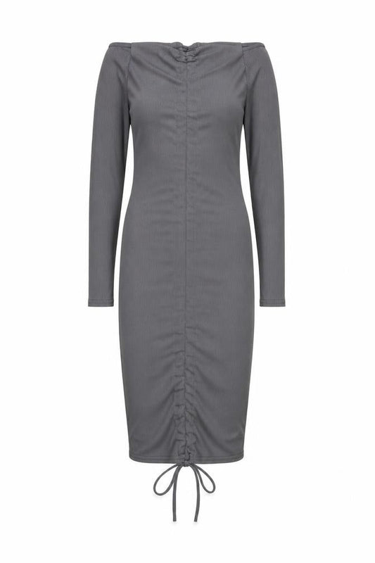 PRETTYLITTLETHING Women’s Grey Off-Shoulder Ruched Bodycon Dress Size 6