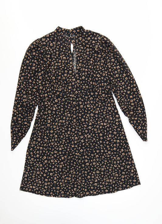 New Look Women Black Animal Print A-Line Long Sleeve Dress Size 14