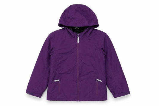 Front view of Hi Gear girls’ purple hooded rain coat jacket 7-8 years waterproof lined