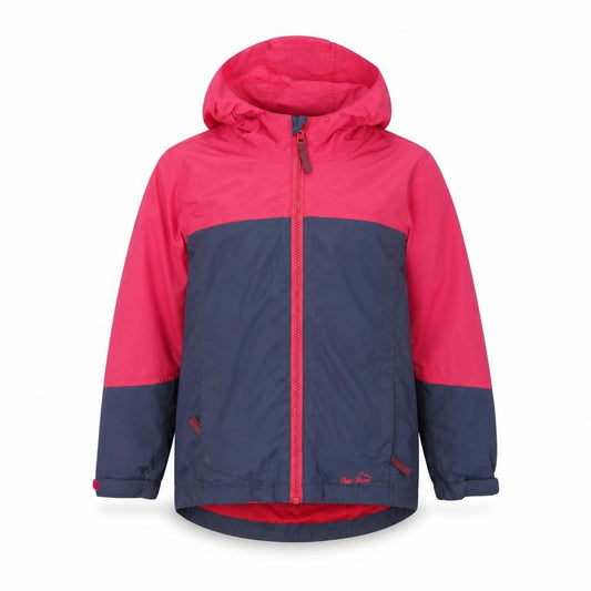 Front view of Peter Storm girls’ pink and blue waterproof hooded rain jacket 7-8 years
