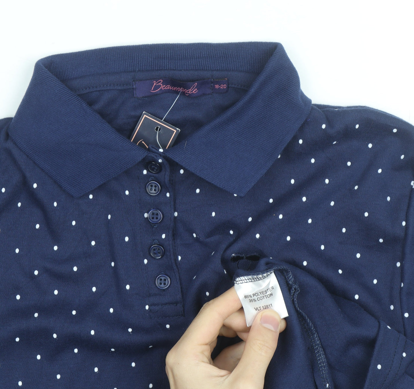 Beaumonde Womens Blue Polka Dot Collared Polo Shirt Size 18