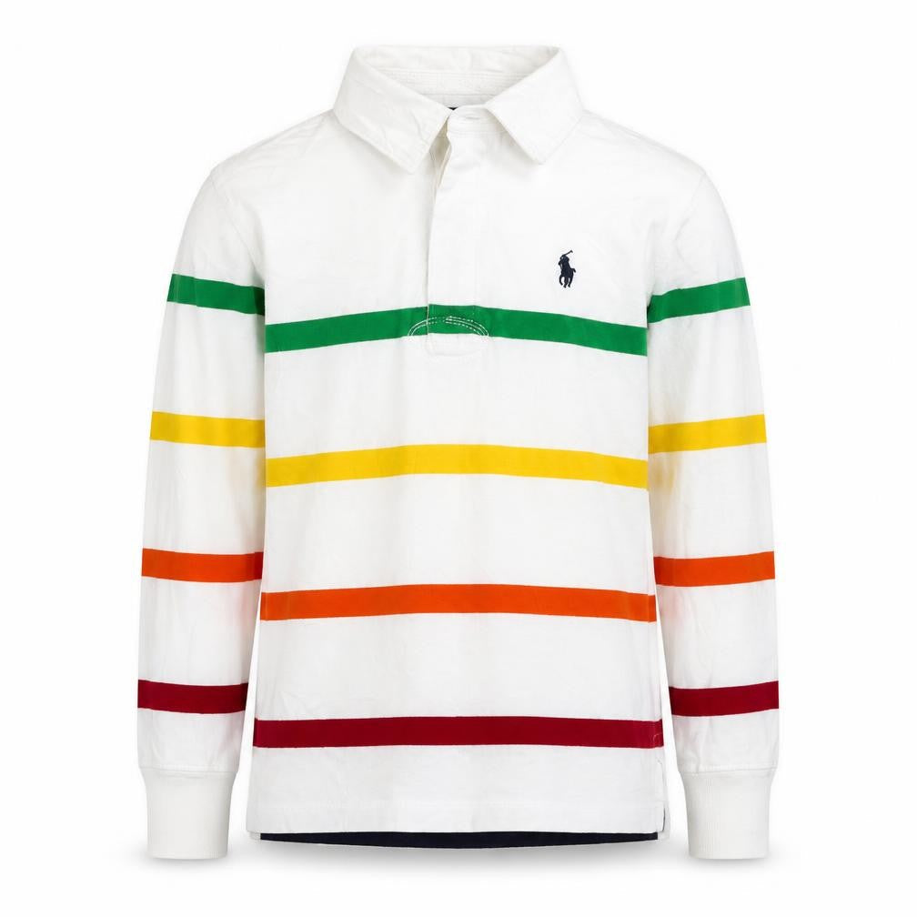 Polo Ralph Lauren Boys White Multicoloured Stripe Long Sleeve Polo Shirt Size 8