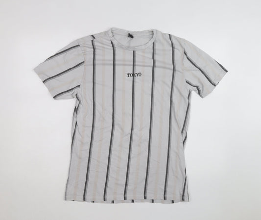River Island Men's Grey Striped Tokyo T-Shirt Size L