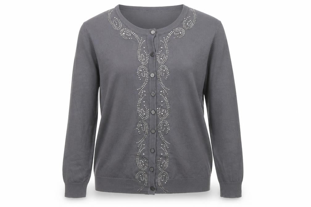 Reflect Mens Grey Rhinestone Crew Neck L Cardigan Knit Jumper