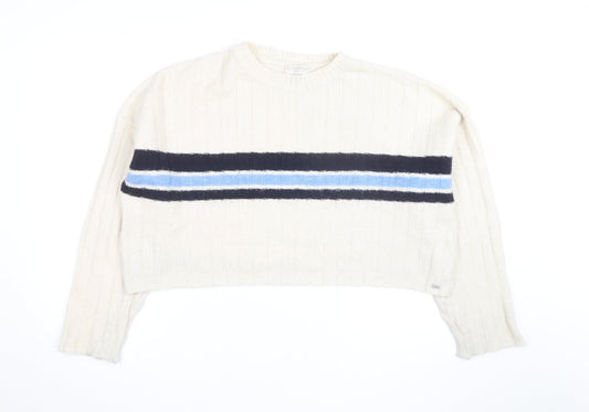 Pull&Bear Teens Ivory Striped Crew Neck Knit Jumper Size M