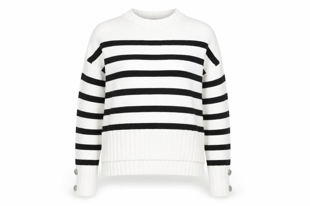 Front view of Guess women’s white black striped crew neck cotton jumper xs