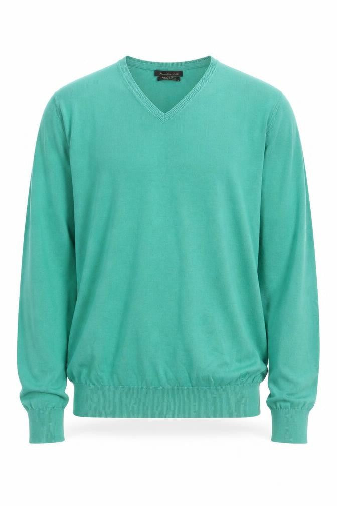 Front view of Massimo Dutti Men's Green Cotton V-Neck Jumper, size M