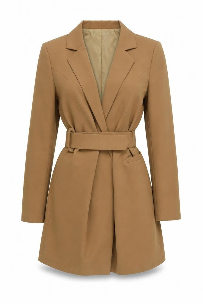 Front view of I Saw It First Women’s Brown Belted Long Trench Coat, size UK 10