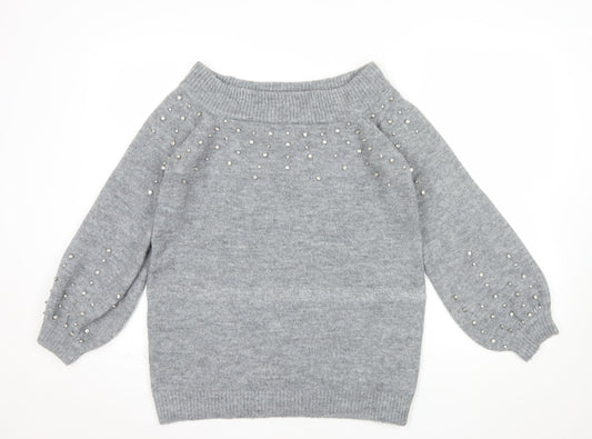Papaya Women's Grey Beaded Knit Boat Neck Jumper Size M