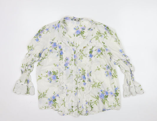 Love & Roses Womens White Floral Ruffle Cotton Blouse UK 12