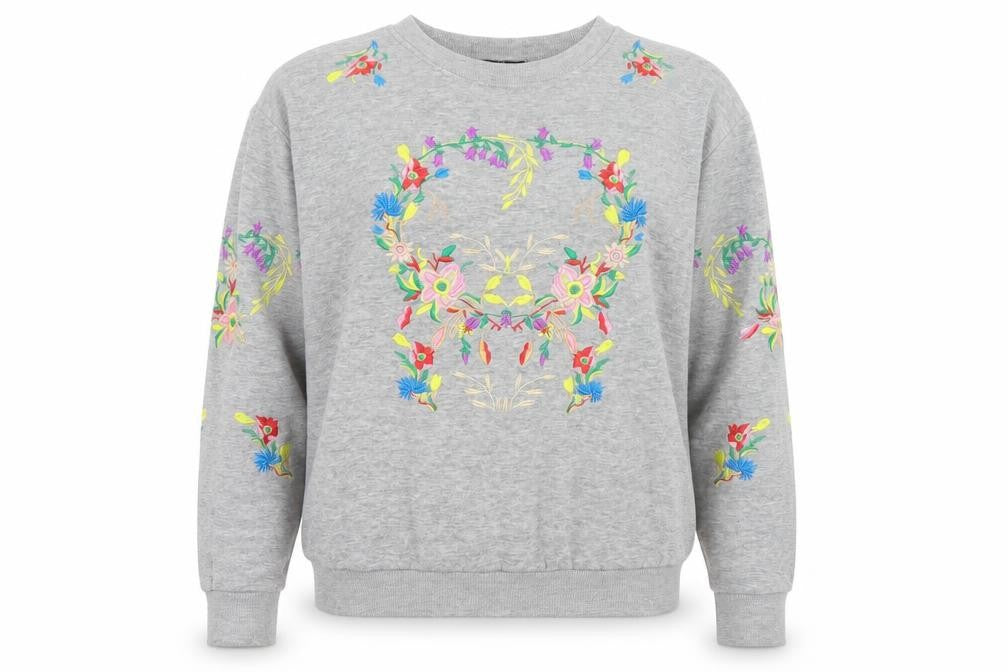 Alternative Apparel Women Grey Embroidered Floral Skull Sweatshirt UK 12