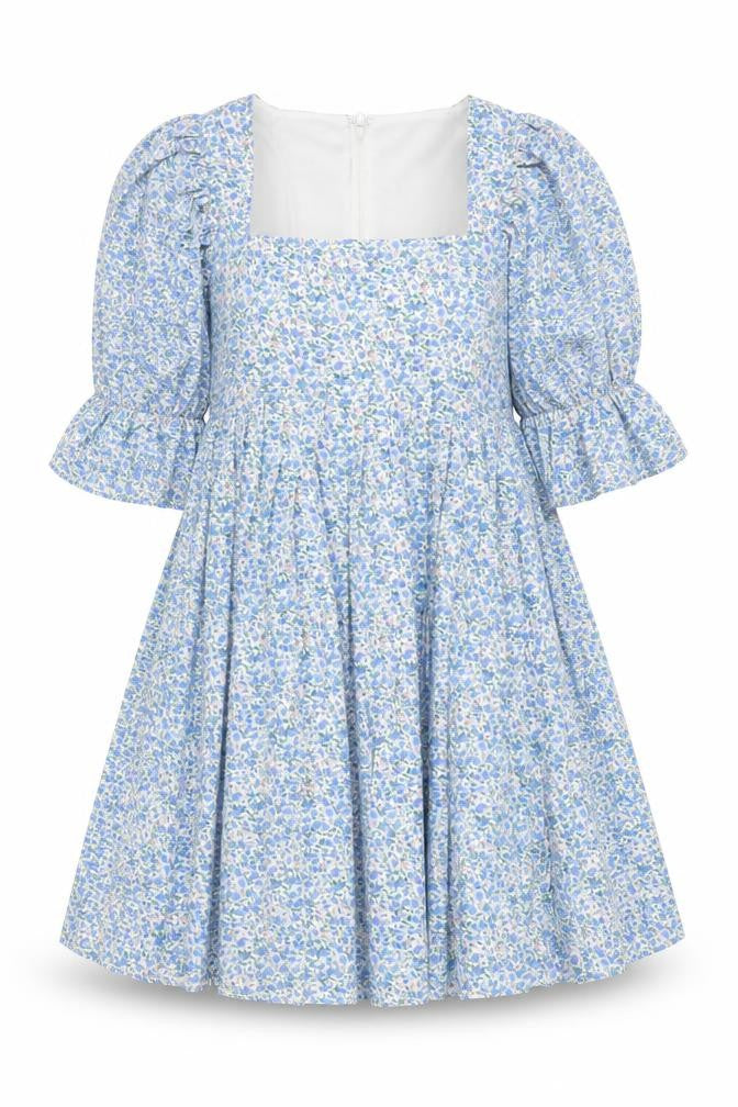 Front view of Missguided Maternity Blue Floral A-Line Puff Sleeve Dress UK 10