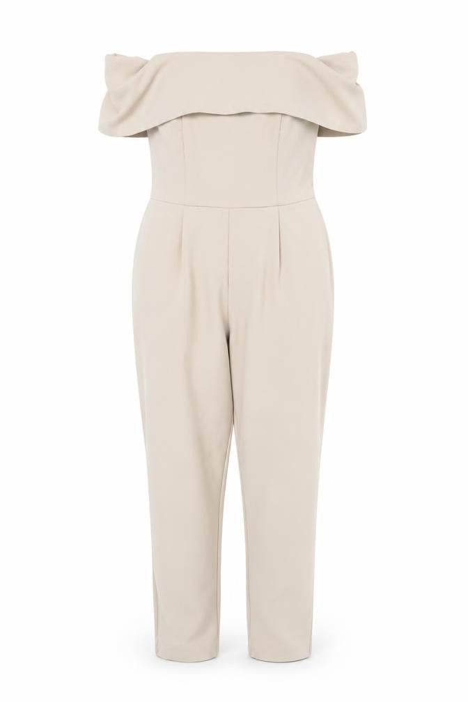 Front view of Miss Selfridge Women’s Beige Off Shoulder Slim Fit Jumpsuit, size UK 12