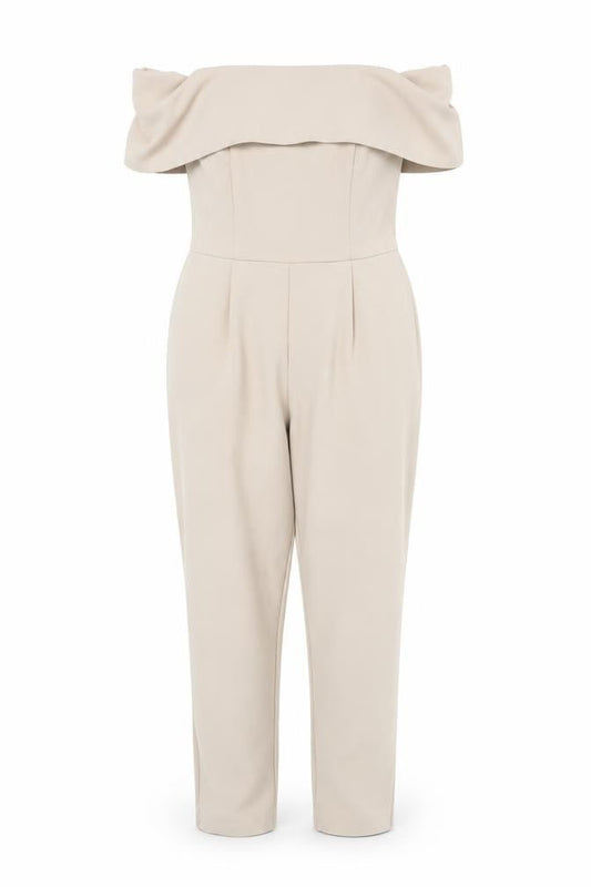 Front view of Miss Selfridge Women’s Beige Off Shoulder Slim Fit Jumpsuit, size UK 12
