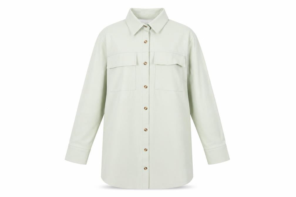 Front view of Missguided Women’s Mint Green Faux Leather Oversized Button-Up Shirt Jacket UK 12