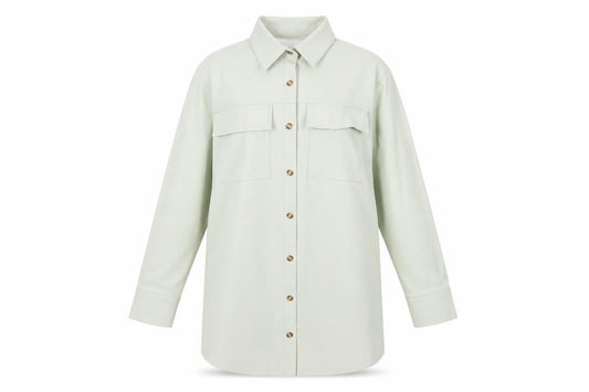 Front view of Missguided Women’s Mint Green Faux Leather Oversized Button-Up Shirt Jacket UK 12