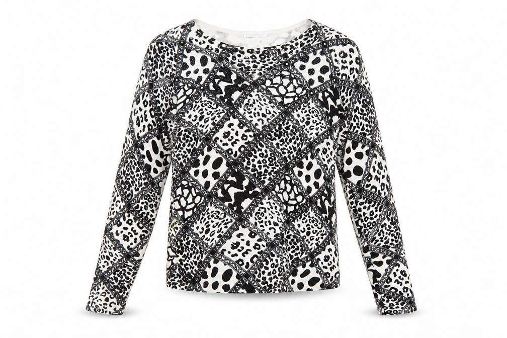 IMAGINI Womens Black Animal Print Long Sleeve Cotton Stretch T-Shirt Size L