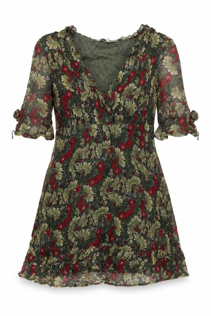 RJR.John Rocha Women Green Floral Ruffle V-Neck Wrap Blouse Size 12