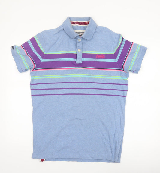 Superdry Men's Blue Striped Cotton Polo Shirt Size XL Classic Fit