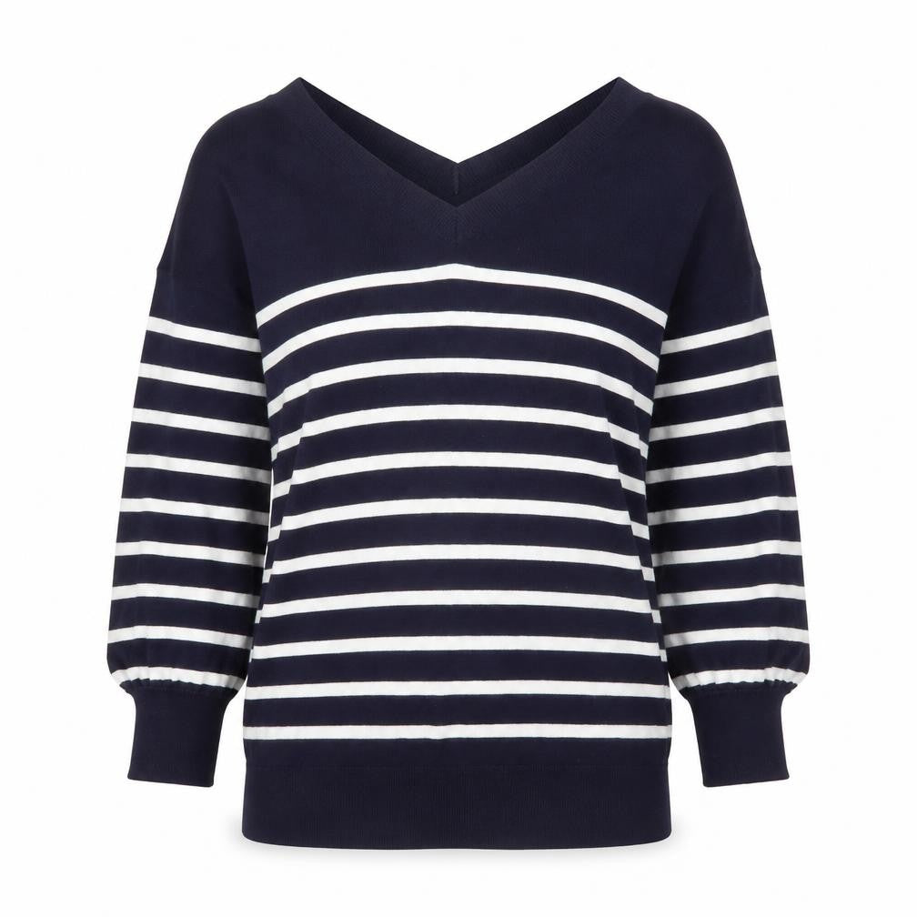 Sonsandar Women’s Blue White Striped V-Neck Knit Jumper Size S