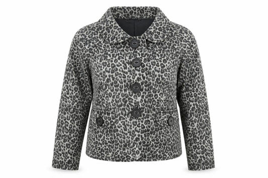 Front view of ea women’s grey leopard print cotton blend short jacket, size UK 12