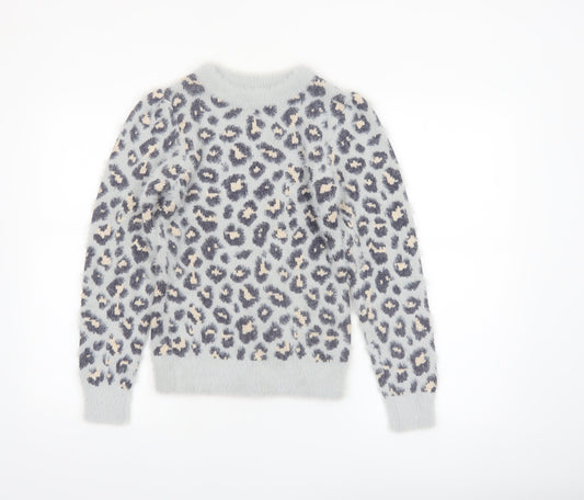 Angel & Rocket Girls Grey Leopard Print Fluffy Pullover Jumper 9-10 Years