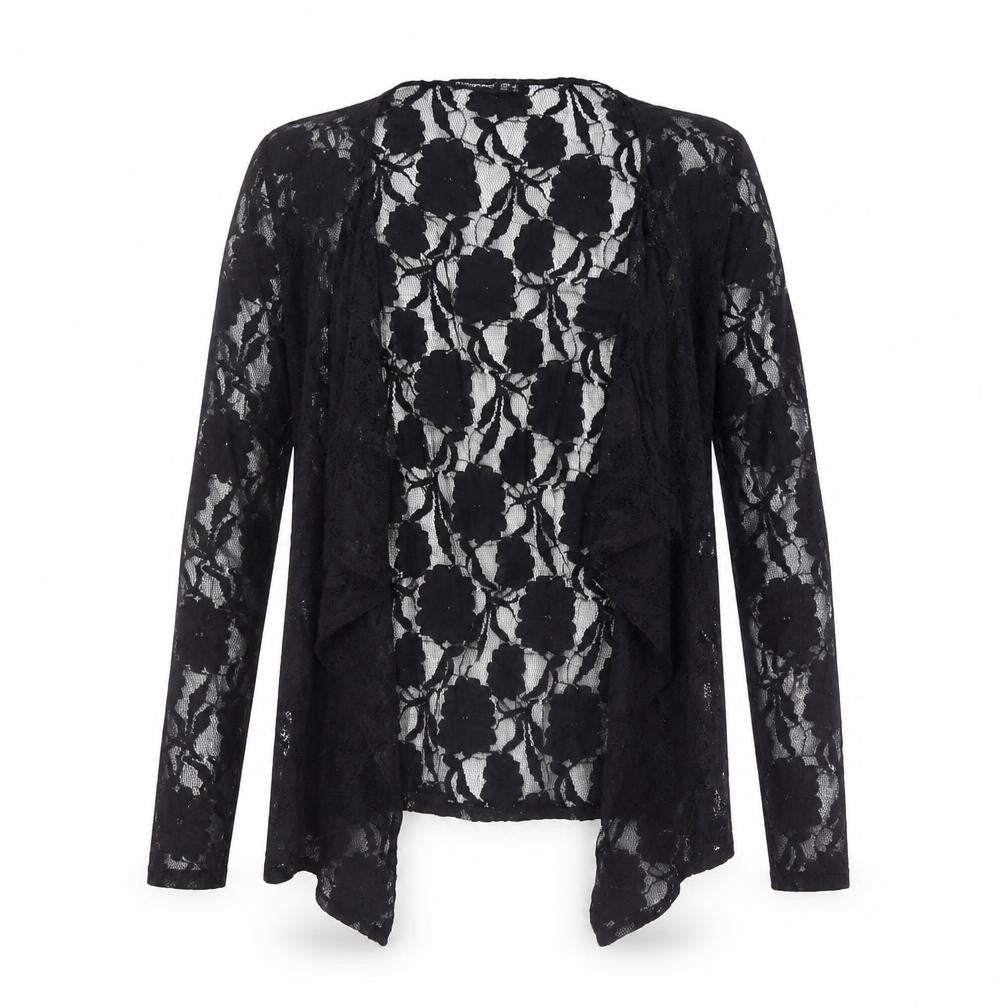 Front view of Atmosphere Women’s Black Lace Kimono Blouse, size UK 8, Long Sleeve
