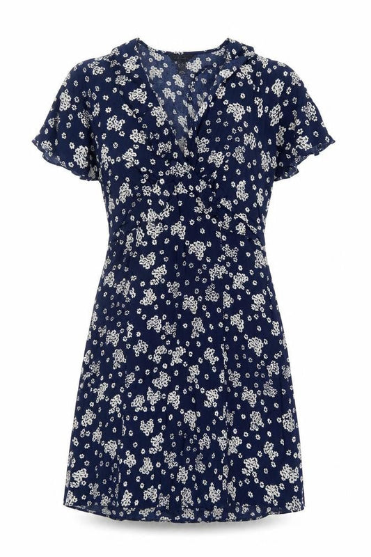 New Look Women's Blue Floral A-Line Short Sleeve V-Neck Dress Size 10