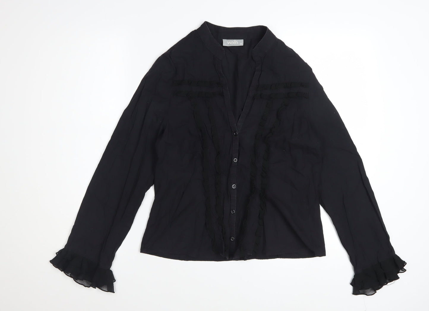 Wallis Women Black Cotton Ruffle Long Sleeve Tunic Blouse Size 16