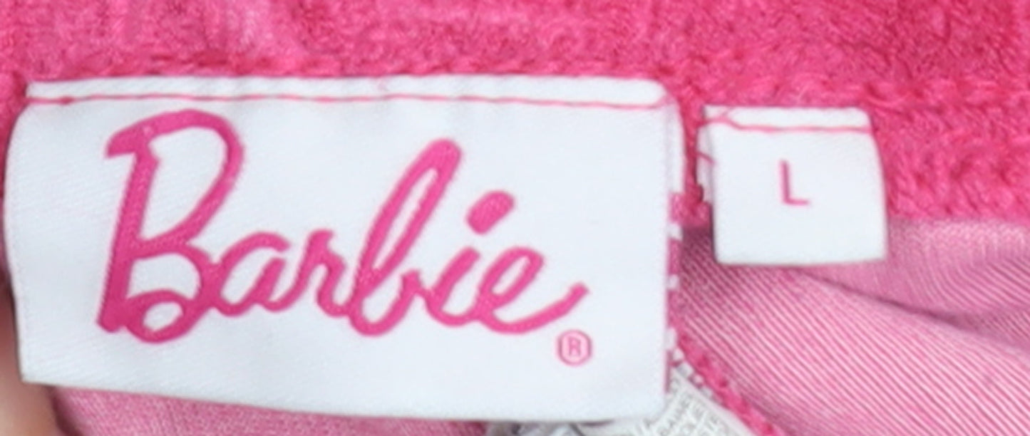 Barbie Women’s Pink Terry Shorts L Casual Drawstring Logo Comfort
