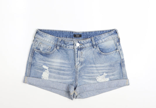 F&F Women’s Blue Denim Distressed Cotton Turn-Up Shorts UK 12