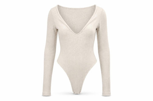 PRETTYLITTLETHING Women Beige Ribbed Long Sleeve Bodysuit UK 8