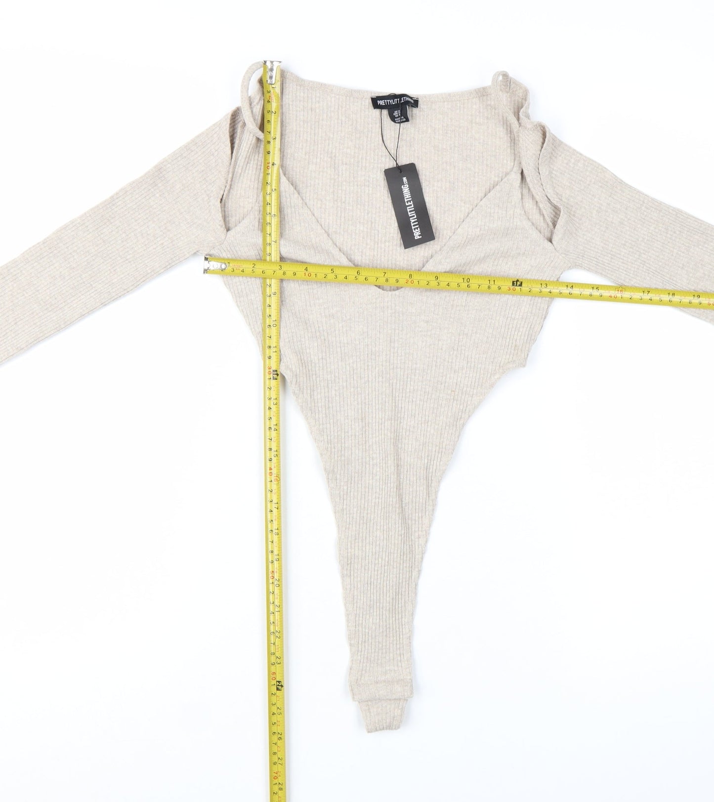 PrettyLittleThing Women Beige Ribbed Long Sleeve Bodysuit UK 8