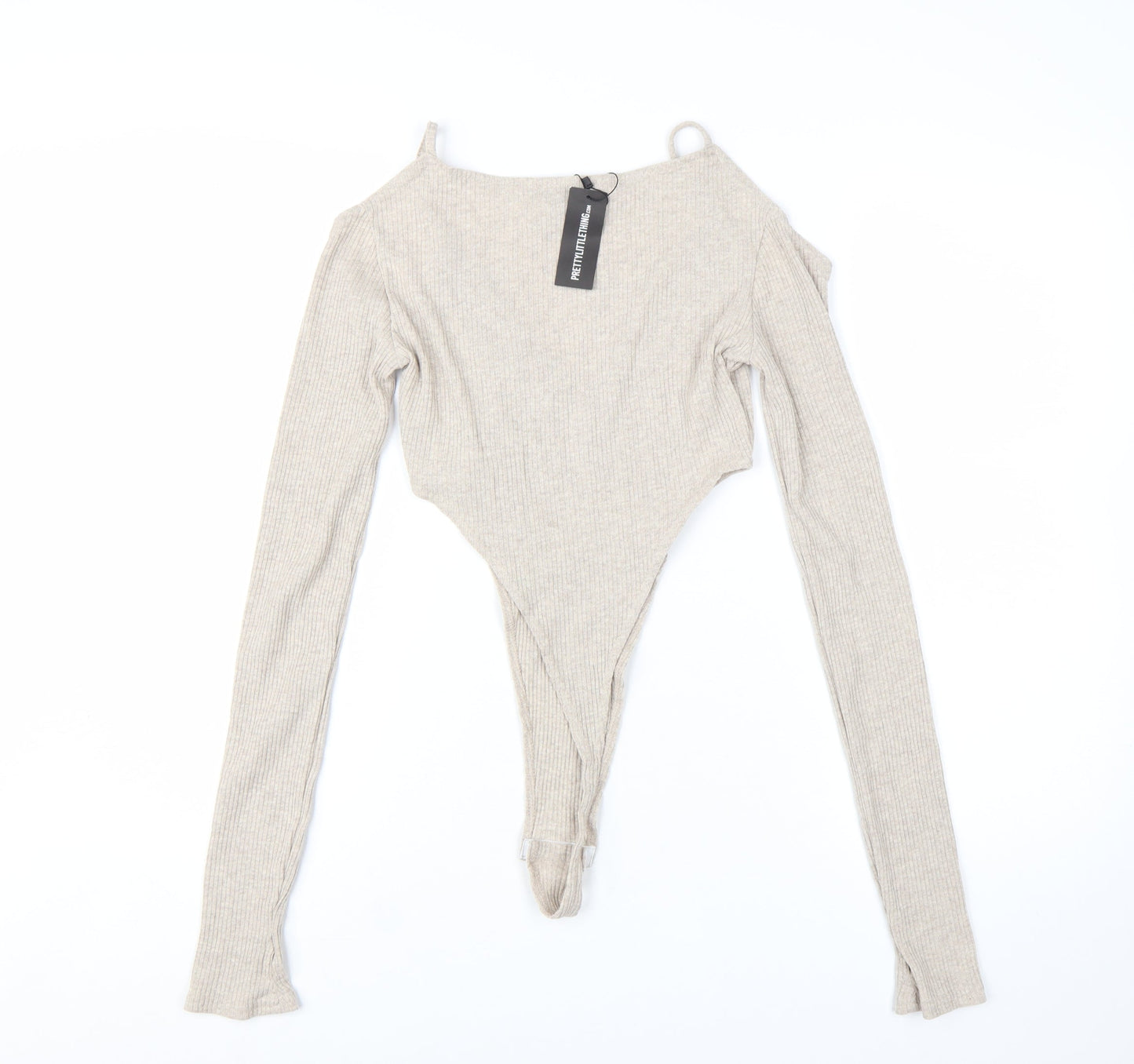 PrettyLittleThing Women Beige Ribbed Long Sleeve Bodysuit UK 8