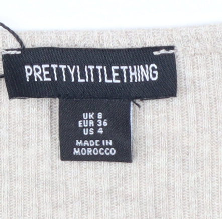 PrettyLittleThing Women Beige Ribbed Long Sleeve Bodysuit UK 8