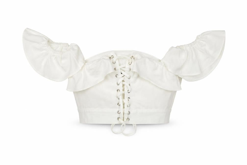 PRETTYLITTLETHING Women’s White Off Shoulder Ruffle Cropped Blouse UK 6