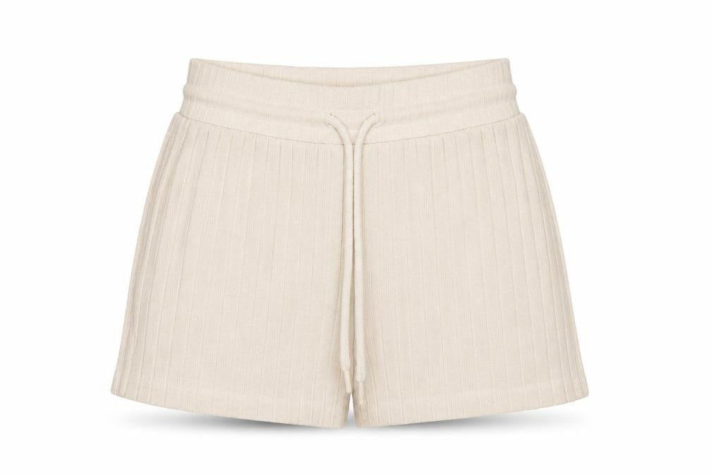 Front view of ASOS 4505 women’s beige knit sweat shorts, size UK 6, high rise