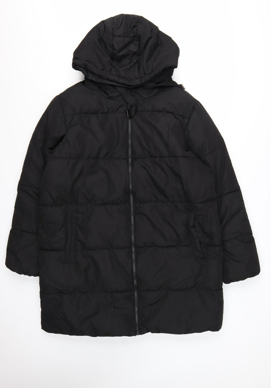 New Look Women’s Black Long Puffer Coat Size 16 Hooded Full Zip Winter Jacket