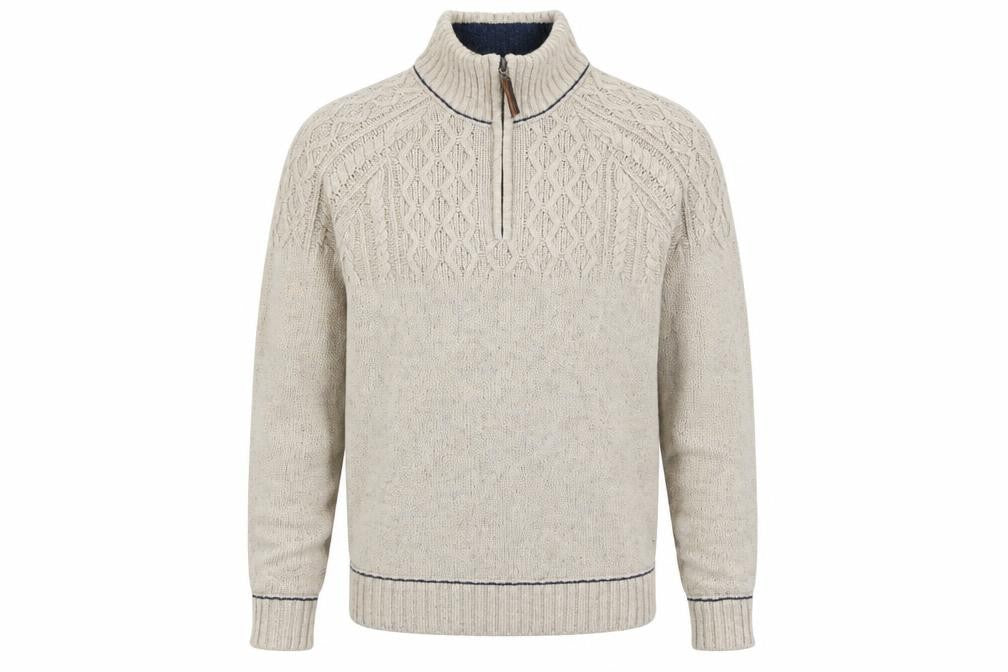 Front view of Mantaray Men's Beige Wool Blend 1/4 Zip Cable Knit Jumper M